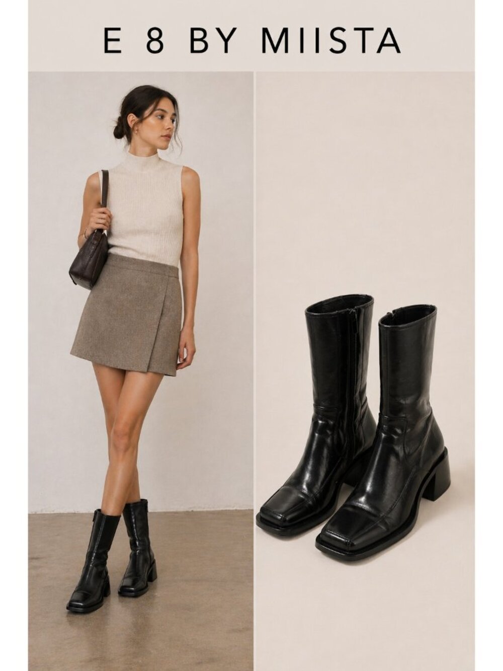 E8 by Miista Black Leather Mid Calf Boots EU 40 Square Toe Block Heel